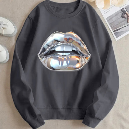 Womens Cartoon Silver Lip-Printed Sweatshirt See size chart under “more details” The Fashion Celestial