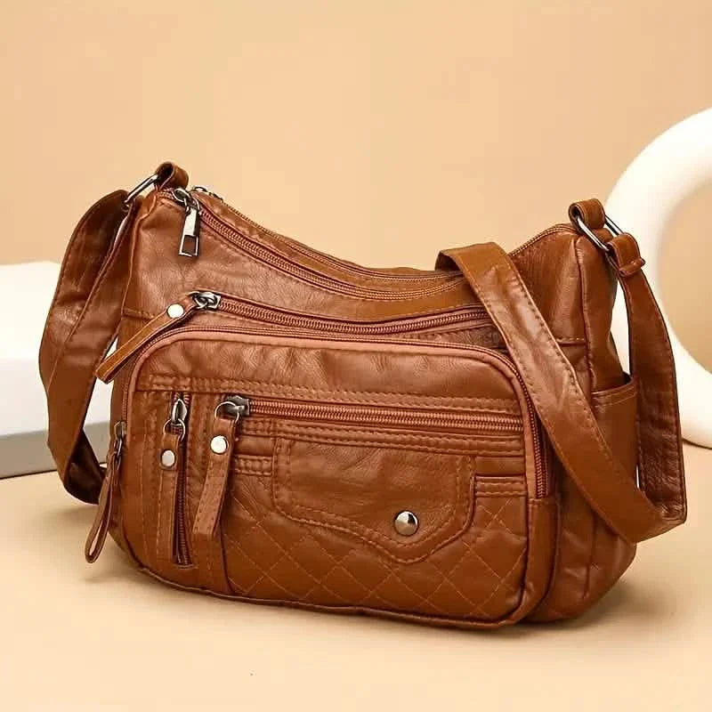 Fashion Multi Zipper Crossbody Bag, Soft Vegan Leather Shoulder Bag, Women's Multi Pockets Handbag Purse DailySale
