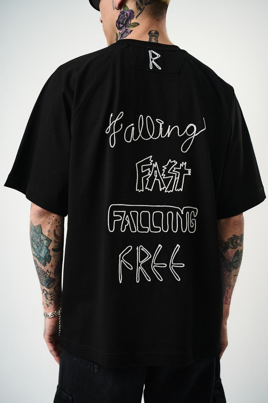 Men's Oversize 'FAST / FALLING FREE' Graphic T-Shirt - Streetwear Embroidered Tee Withinblack