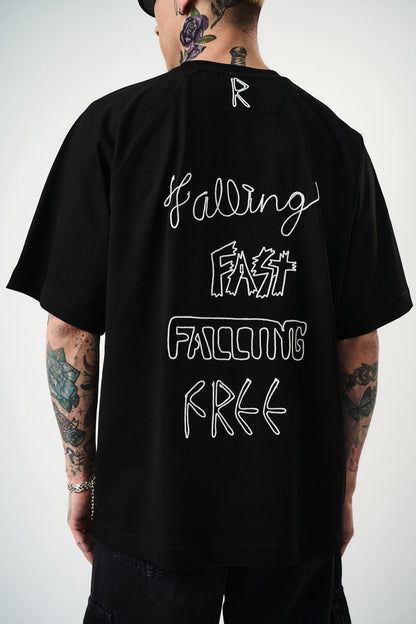 Men's Oversize 'FAST / FALLING FREE' Graphic T-Shirt - Streetwear Embroidered Tee Withinblack