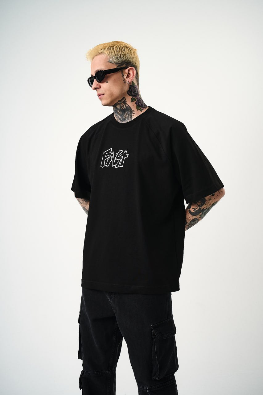Men's Oversize 'FAST / FALLING FREE' Graphic T-Shirt - Streetwear Embroidered Tee Withinblack