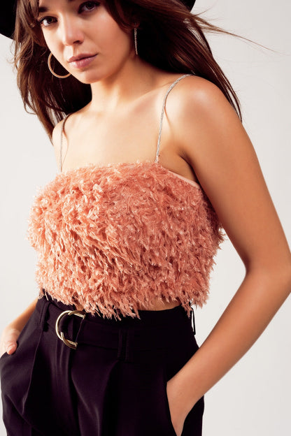 Faux feather crop cami in pink Q2store