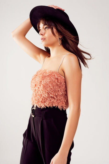 Faux feather crop cami in pink Q2store