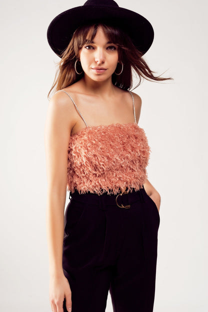 Faux feather crop cami in pink Q2store