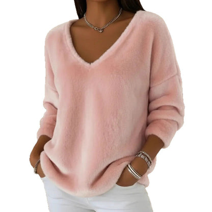 Women’s Plush V Neck Drop Shoulder Pullover Sweater FitiqueFit