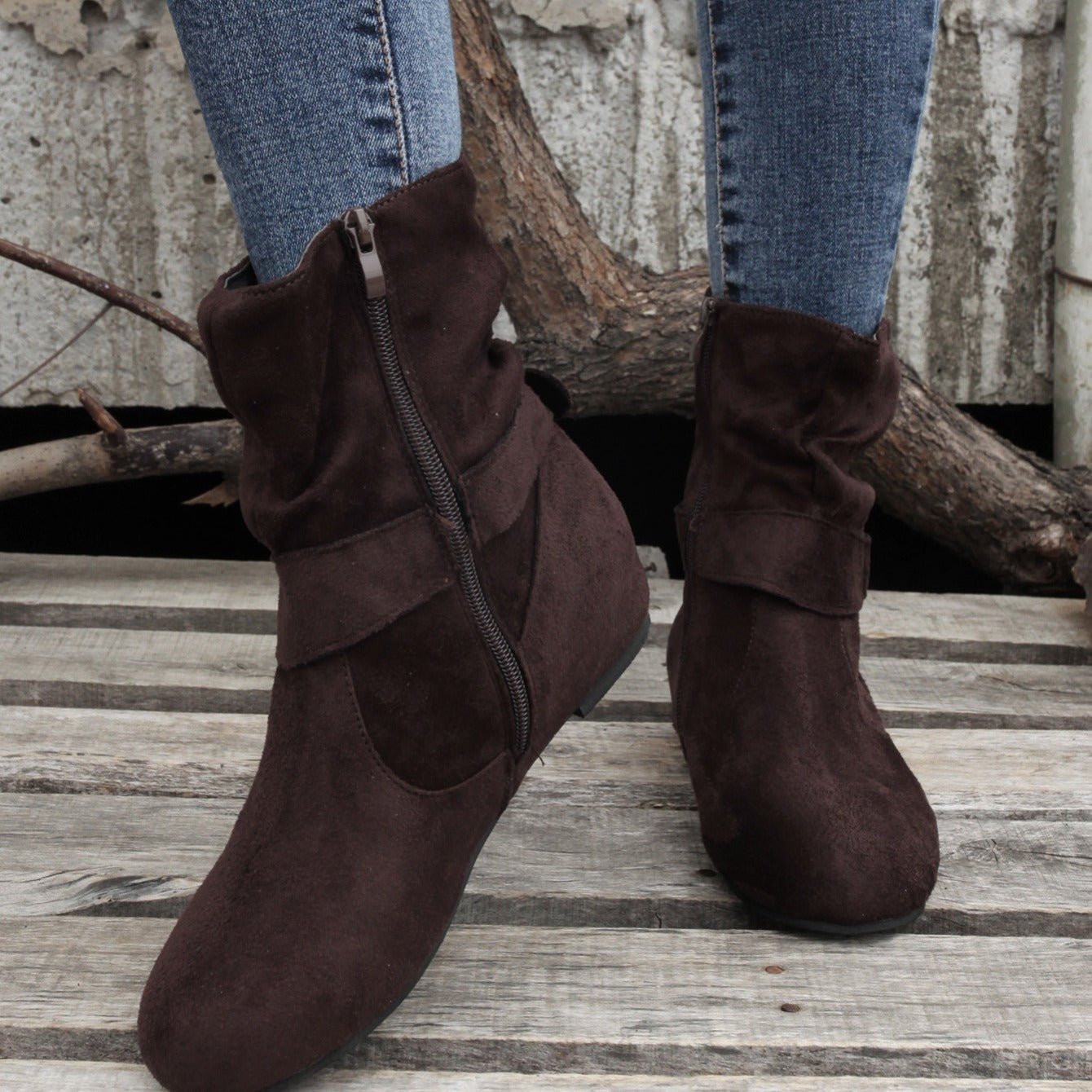 Ankle Boots  Round Toe Buckle Belt Side Zipper Boots