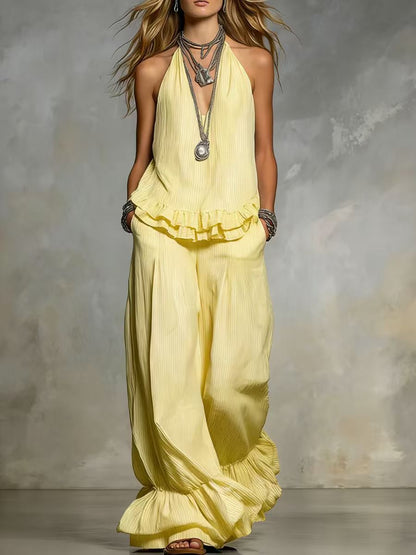 Women's V-Neck Ruffle-Trim Puff-Sleeve Two-Piece Set FitiqueFit