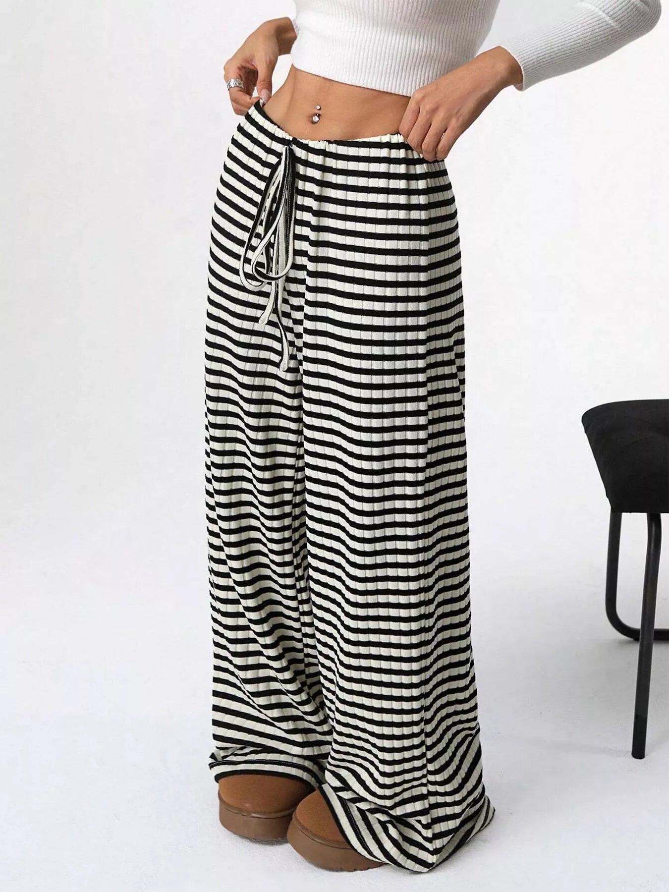 Striped Ribbed Knit Drawstring Waist Wide Leg Pants New Era Fashion LLc