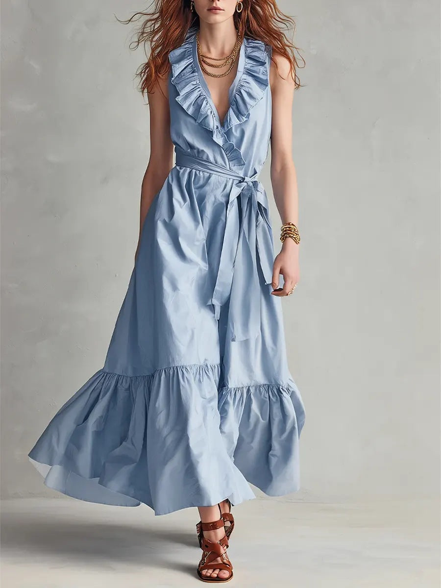 Women's V-Neck Sleeveless Lace-Up Panelled Maxi Dress – Wide Flare FitiqueFit