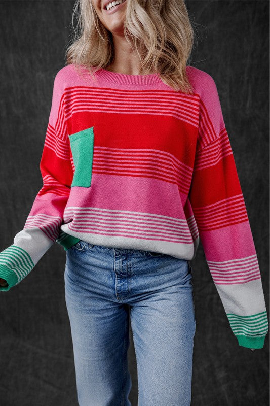 Striped Knit Patch Pocket Drop Shoulder Sweater Shop Style & More | Fresh Looks, Everyday Deals & Free Shipping