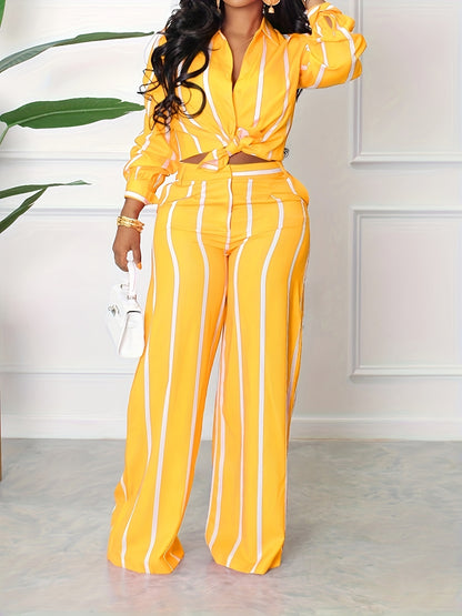 Women's Striped Print Two-piece Set - Button Front Collar Long Sleeve Shirt & High Waist Wide Leg Loose Pants Set - Casual Style - For Women - Perfect for Everyday Wear & Loungewear - Great Gift for Fashionable Women NovaCart