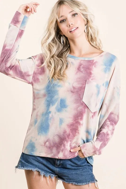 BiBi Tie Dye Print Terry Top With Front Patch Pocket New Era Fashion LLc
