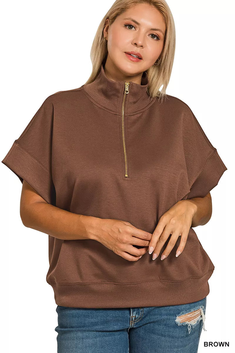 Zenana Full Size Scuba High Neck Half Zip Short Sleeve Top Plus Size Garden Naked Curves