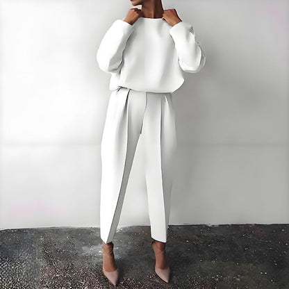 Women’s Solid Color 2-Piece Set – Long Sleeve Top & Pleated Pants Loungewear FitiqueFit