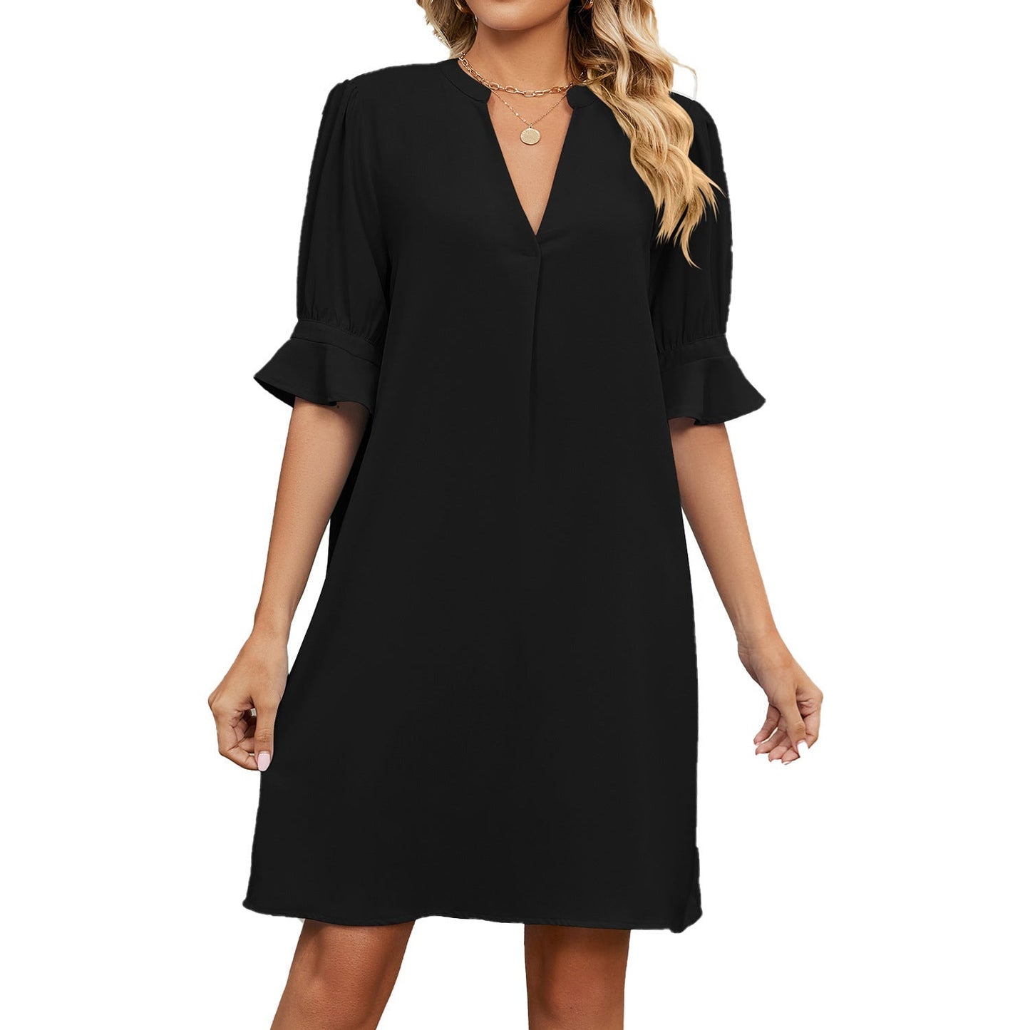 European American Summer New Solid Color And V-neck Loose Pleated Half-length Sleeve Dress Grayceful LLC