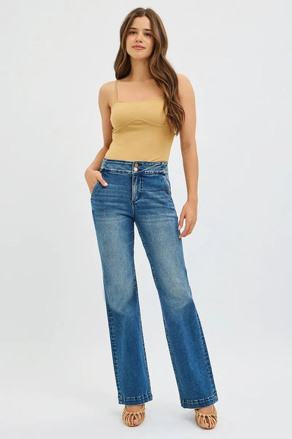 RISEN Full Size Tummy Control High Rise Bootcut Jeans with Double Button Waistband Plus Size West2East Surf