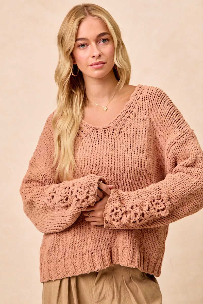 BiBi Chunky Knit Sweater with Flower Detail Sleeves FitiqueFit
