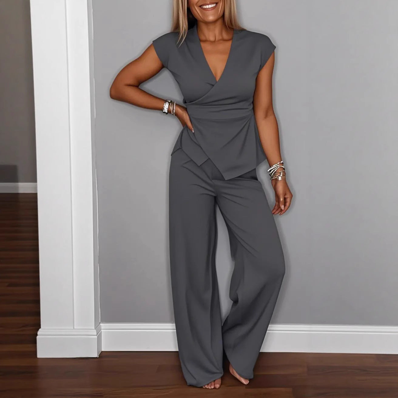 Women's Pleated Vest & Pants Set – Metal Buckle Detail FitiqueFit