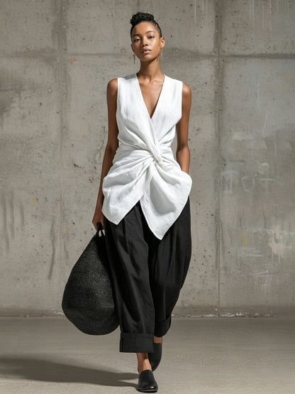 Women's Tie-Front V-Neck Sleeveless Top & Wide-Leg Pants Set FitiqueFit