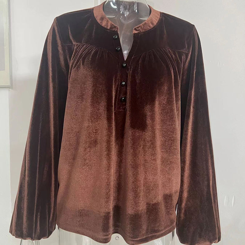 Women's Solid Color V-Neck Button Detail Long Sleeve Pullover FitiqueFit