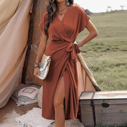Commuting Fashion Forged Split Women's Solid Color Wrap Suspender Dress Grayceful LLC