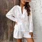 Women's Solid Color Elegant V-Neck Lace Long Sleeve Blouse & Shorts Set FitiqueFit
