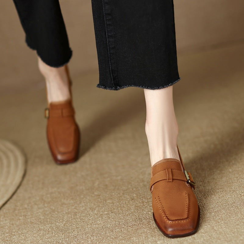 Women's Retro British Style Chunky Heel Leather Shoes – Round Toe Commuter FitiqueFit