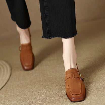 Women's Retro British Style Chunky Heel Leather Shoes – Round Toe Commuter FitiqueFit