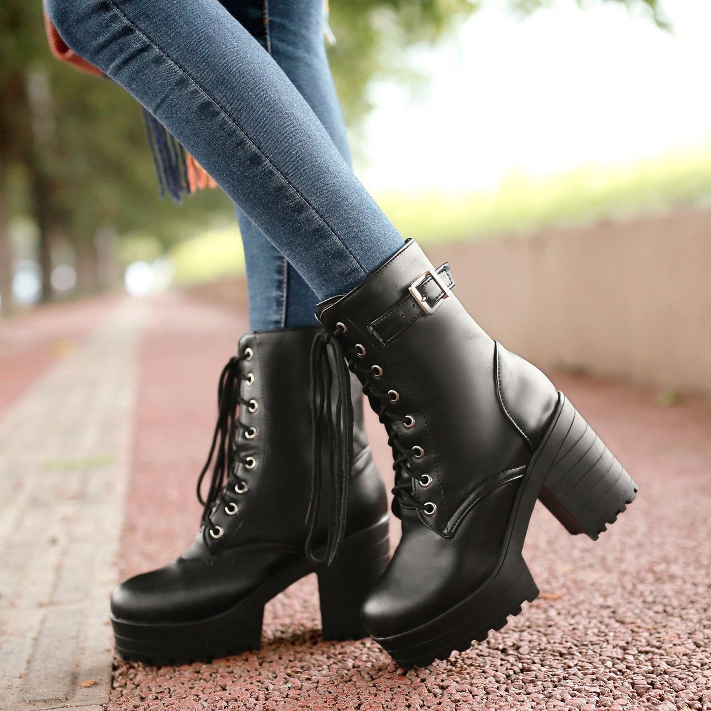 Women’s Chunky Heel PU Martin Boots | Large Size High Heel Boots FitiqueFit