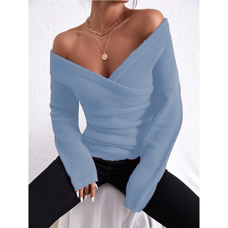 Women's Off-Shoulder Crossover Knit Sweater – Slim Fit Long Sleeve FitiqueFit