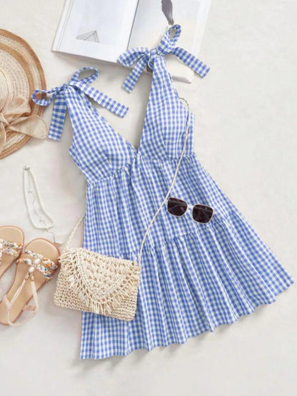 Gingham Tie-Shoulder Ruffle Hem Mini Dress New Era Fashion LLc