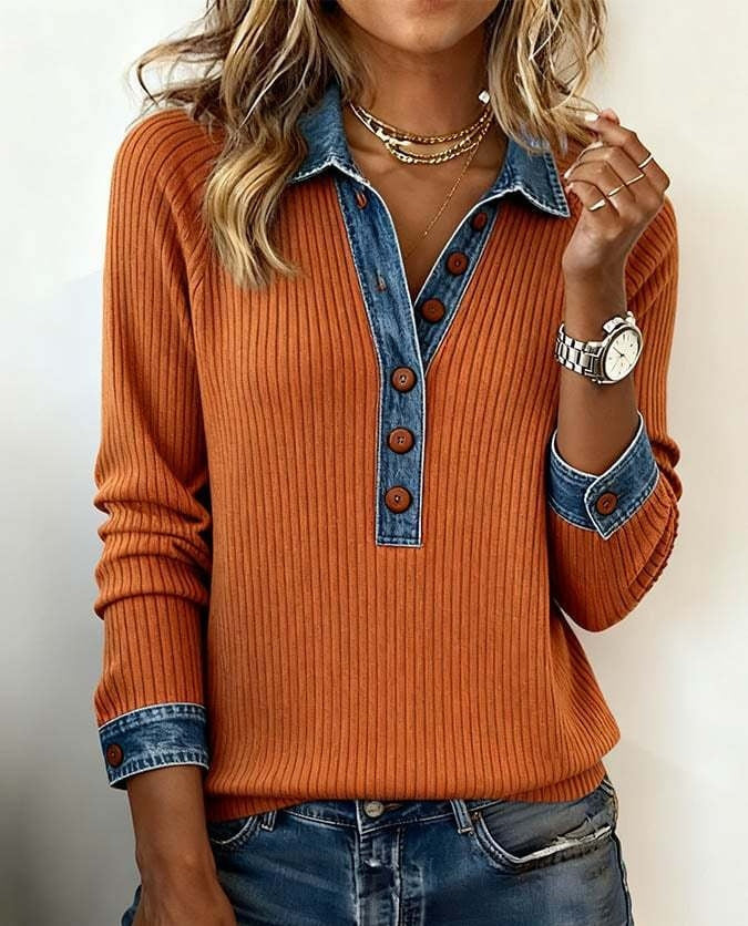 Denim Collar Patchwork Pullover Knitwear Top – Women’s Street Style FitiqueFit