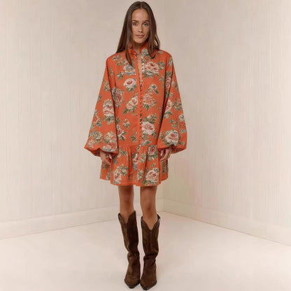 Digital Print Lantern Sleeve Linen Midi Dress – Loose Fit Pullover FitiqueFit