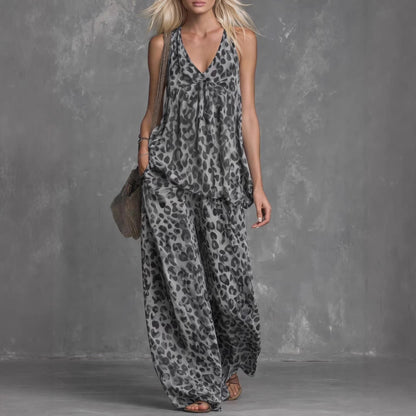 Women’s Leopard Print Sleeveless Top and Chiffon Pants Set FitiqueFit