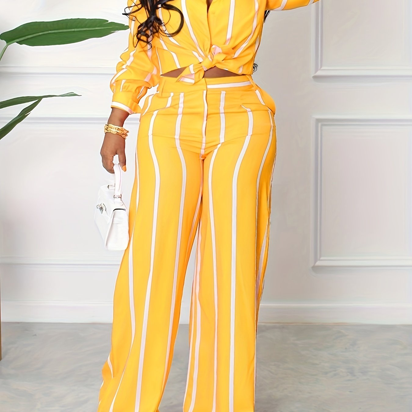 Women's Striped Print Two-piece Set - Button Front Collar Long Sleeve Shirt & High Waist Wide Leg Loose Pants Set - Casual Style - For Women - Perfect for Everyday Wear & Loungewear - Great Gift for Fashionable Women NovaCart