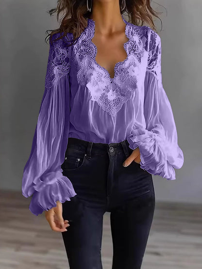 Lace-Panel Puff Sleeve Pleated Ruffle Shirt | Ballet Style FitiqueFit
