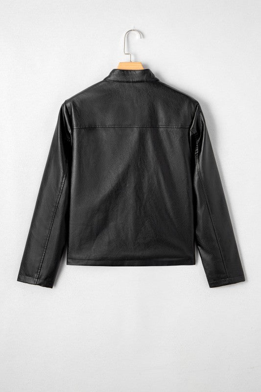Faux Leather Button-Front Boxy Jacket See size chart under “more details” The Fashion Celestial