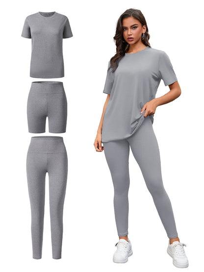Three Piece Set, Round Neck Short Sleeved Top And Shorts And Pants Set, Sports And Casual Clothing See size chart under “more details” The Fashion Celestial