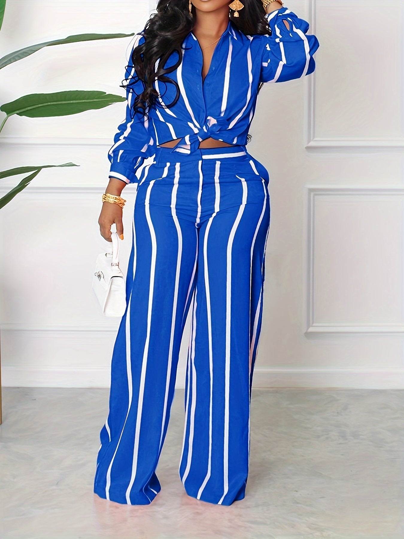 Women's Striped Print Two-piece Set - Button Front Collar Long Sleeve Shirt & High Waist Wide Leg Loose Pants Set - Casual Style - For Women - Perfect for Everyday Wear & Loungewear - Great Gift for Fashionable Women NovaCart