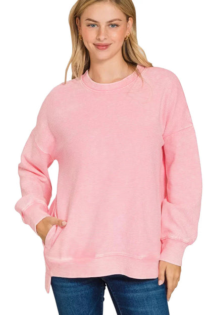 Zenana Full Size Acid Washed Double Ribbed Hi-low Sweatshirt Plus Size Garden Naked Curves