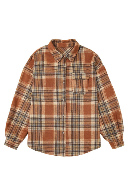 Brown Plaid Print Flap Pocket Buttoned Plus Size Shacket Garden Naked Curves
