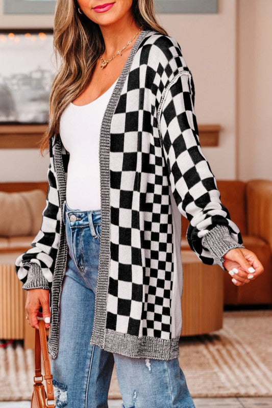 Checker Open Front Drop Shoulder Cardigan Shop Style & More | Fresh Looks, Everyday Deals & Free Shipping