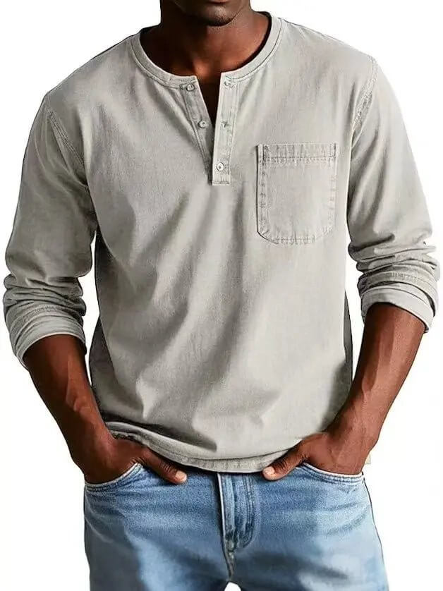 Men's V-neck Long-sleeved Pullover Top with Button Design SnagBag