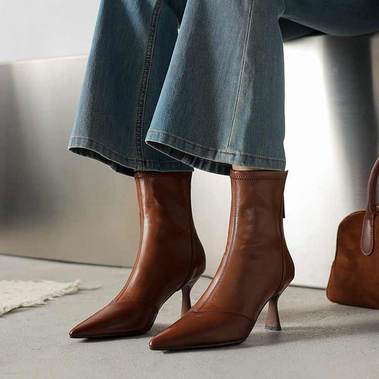 Women’s Cowhide Pointed Toe Stiletto Ankle Boots – Back Zipper High Heel Booties FitiqueFit