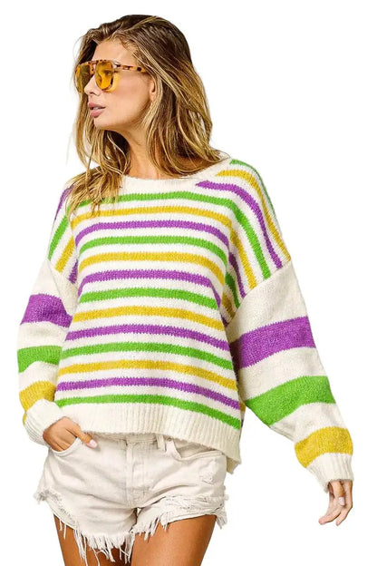 BiBi Mardi Gras Colors Stripe Comfy Sweater West2East Surf
