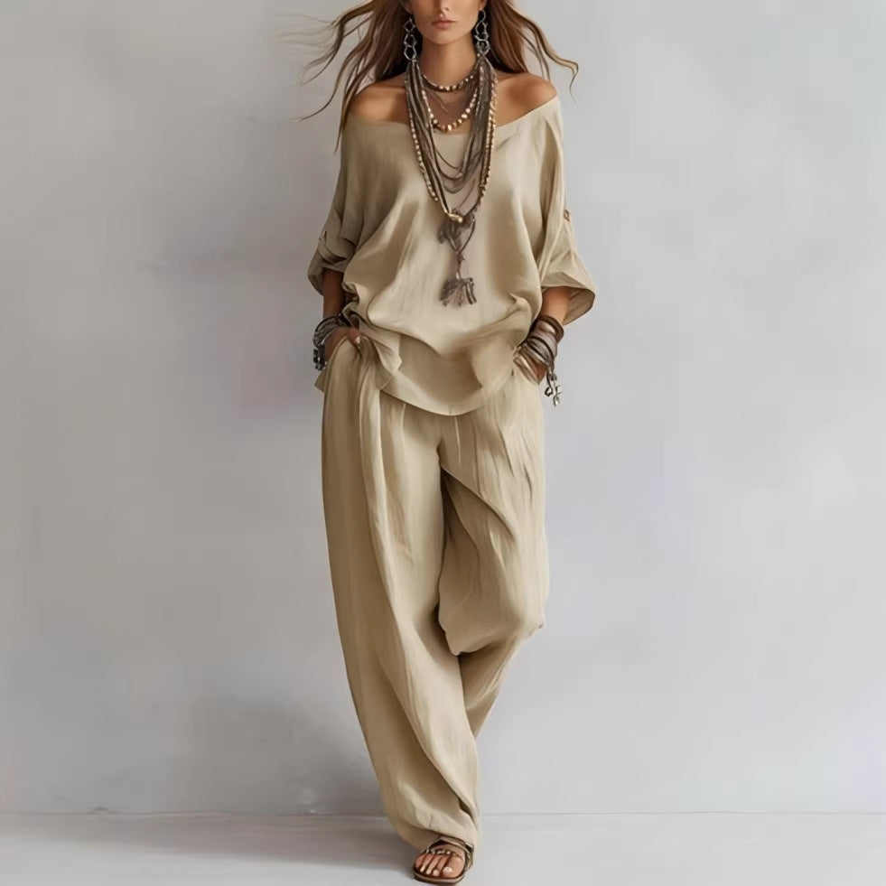 Chiffon Puff-Sleeve Top & Wide-Leg Pants Set – 15 Colors FitiqueFit