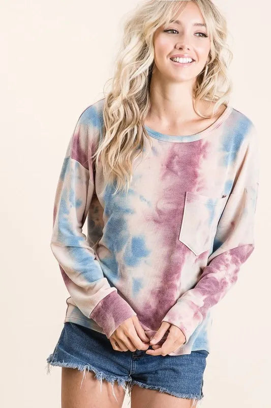 BiBi Tie Dye Print Terry Top With Front Patch Pocket New Era Fashion LLc