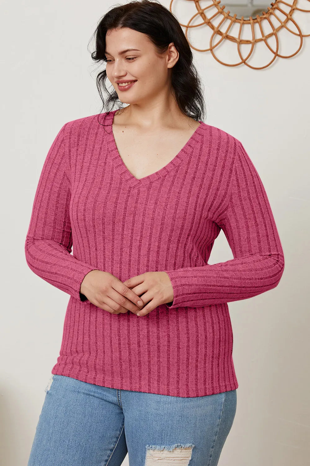 Basic Bae Full Size Ribbed V-Neck Long Sleeve T-Shirt New Era Fashion LLc