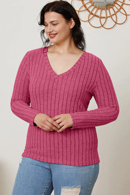Basic Bae Full Size Ribbed V-Neck Long Sleeve T-Shirt New Era Fashion LLc