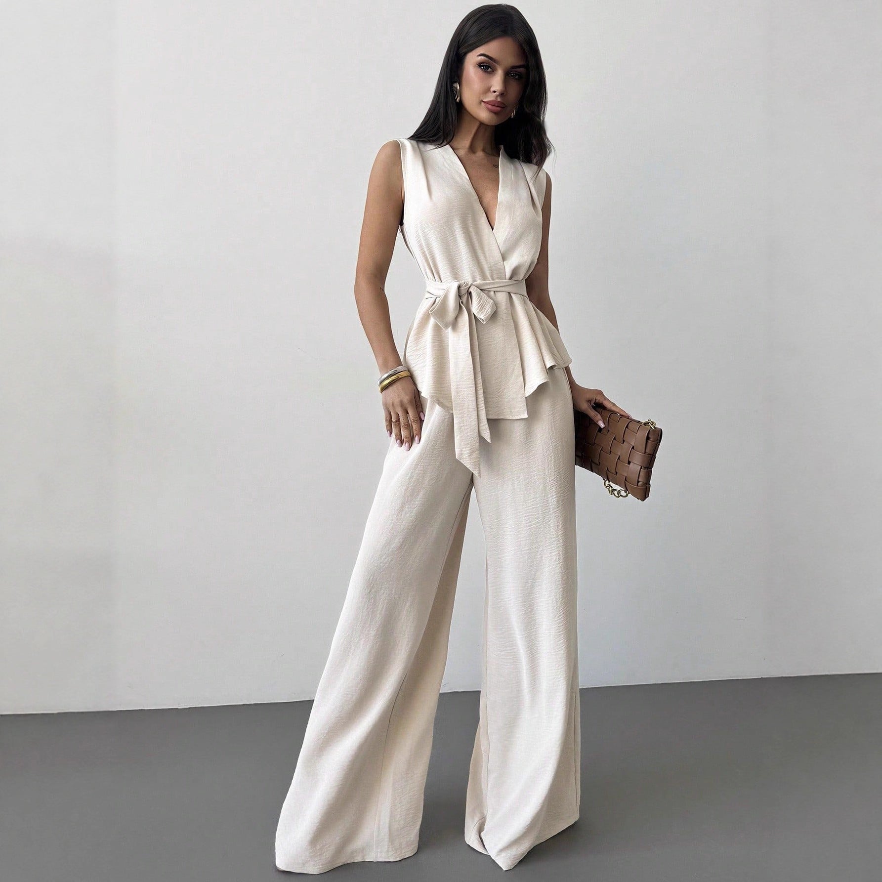 Women's Lace-Up V-Neck Vest & Pants Two-Piece Set – Elegant Commuter FitiqueFit